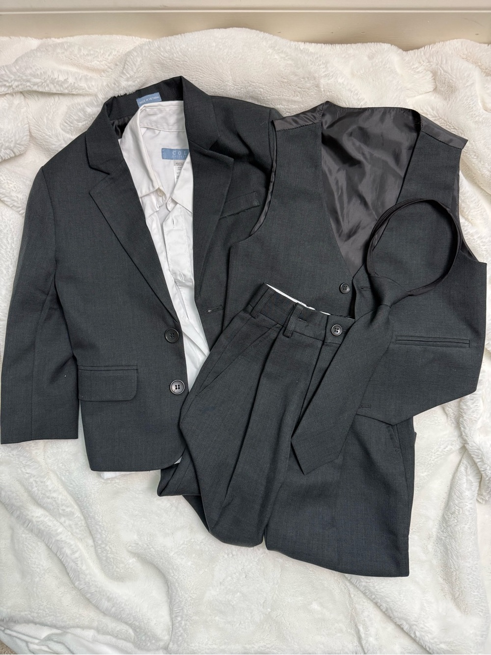 Classic Dark Gray Boys Three-Piece Suit with Vest and tie